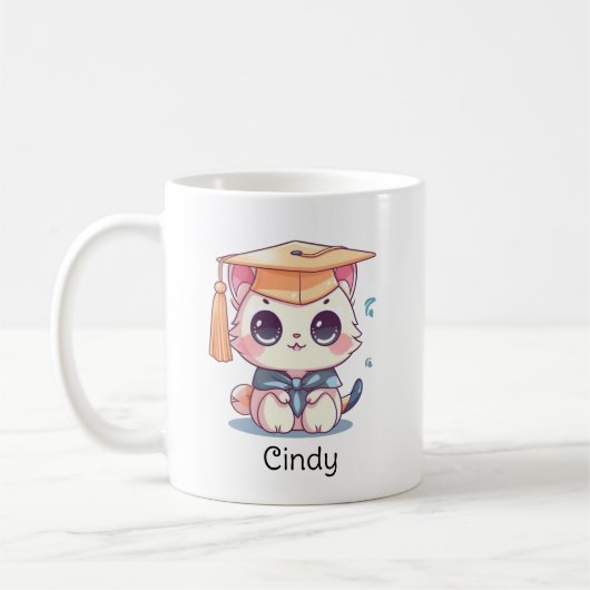 Leuke Kawaii Cat gepersonaliseerd Afstuderen Koffiemok (Links)