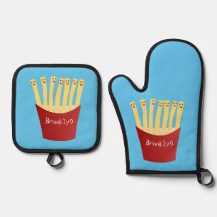 Leuke kawaii frietjes fastfood cartoon illustratie ovenwant & pannenlap set
