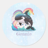 Leuke kawaii orka killer walvis regenbogen vlinder ronde sticker (Voorkant)
