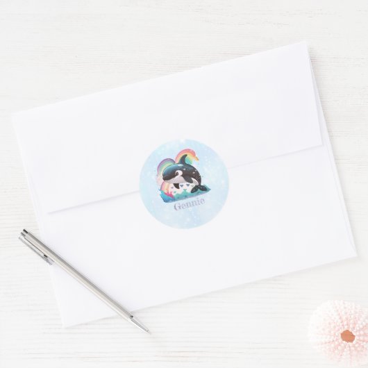 Leuke kawaii orka killer walvis regenbogen vlinder ronde sticker (Envelop)