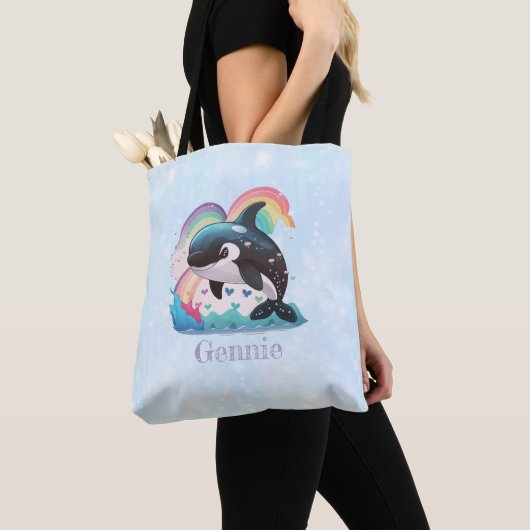 Leuke kawaii orka killer walvis regenbogen vlinder tote bag (Dichtbij)