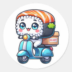 Leuke Kawaii Sushi op bezorgscooter Ronde Sticker