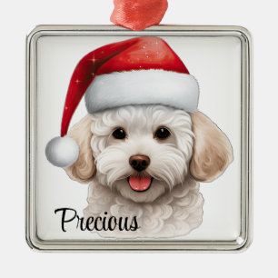 LEUKE KERST BICHON FRISE HOND MET SANTA HOED METALEN ORNAMENT