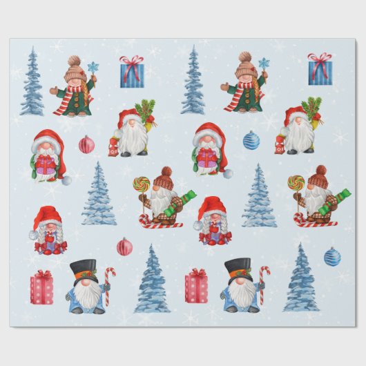 Leuke Kerst Blauw Rood Gnomen Cadeaupapier (Vlak)