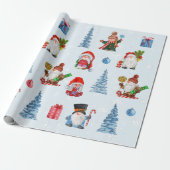 Leuke Kerst Blauw Rood Gnomen Cadeaupapier (Uitgerold)