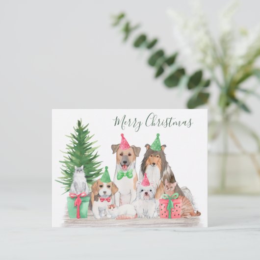Leuke kerst dieren hond kat puppy kitten feestdagenkaart (Staand voorkant)