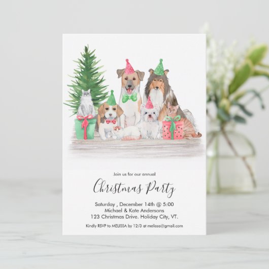Leuke kerst dieren hond kat puppy kitten party kaart (Staand voorkant)