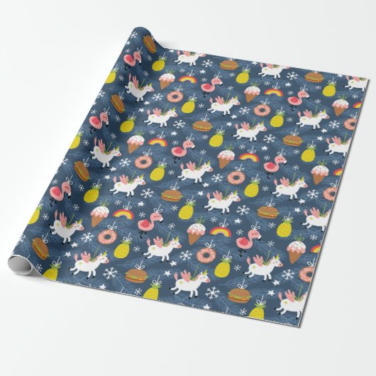 Leuke Kerst Eenhoorns en Flamingo's Patroon Cadeaupapier (Uitgerold)