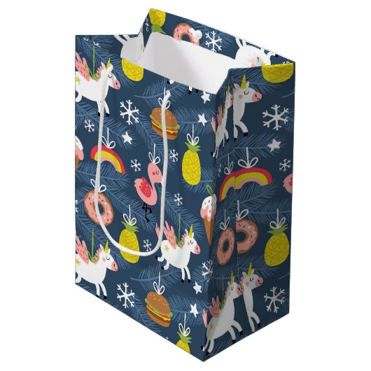 Leuke Kerst Eenhoorns en Flamingo's Patroon Medium Cadeauzakje (Voorkant Gekanteld)