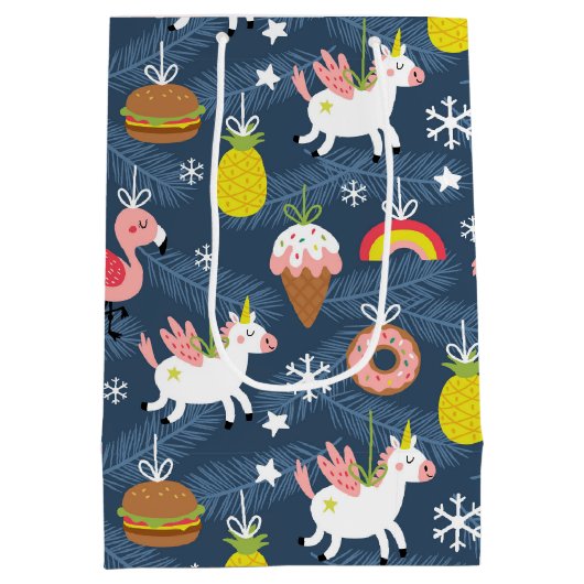 Leuke Kerst Eenhoorns en Flamingo's Patroon Medium Cadeauzakje (Achterkant)