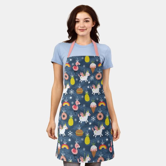 Leuke Kerst Eenhoorns en Flamingo's Patroon Schort (Gedragen)