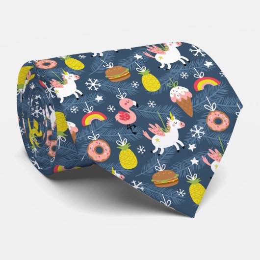 Leuke Kerst Eenhoorns en Flamingo's Patroon Stropdas (Opgerold)