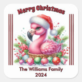 Leuke kerst flamingo met een gepersonaliseerde tou vierkante sticker (Voorkant)