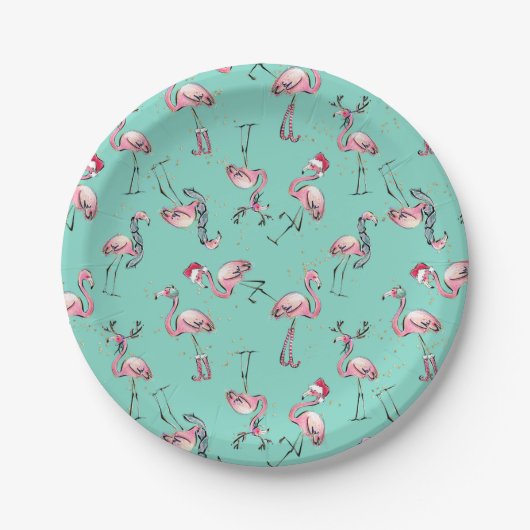 Leuke kerst flamingo's met kerstmutsen papieren bordje (Voorkant)