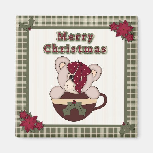 Leuke kerst geruite patroon rand & teddybeer magneet (Voorkant)