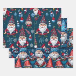 Leuke Kerst Gnomen Wrapping Papier 3xFlat Sheet Inpakpapier Vel