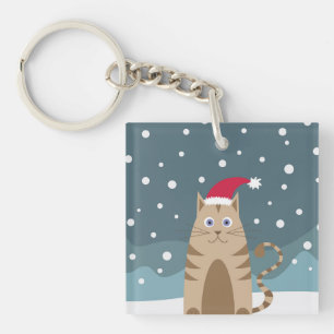 Leuke kerst huisdier dier kat in besneeuwd landsch sleutelhanger