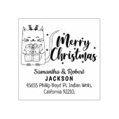 Leuke kerst kat met cadeau, retouradres rubberstempel (Afrduk)