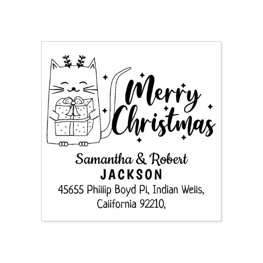 Leuke kerst kat met cadeau, retouradres rubberstempel (Afrduk)
