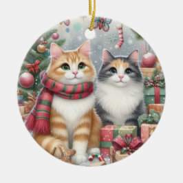 Leuke kerst katten keramisch ornament