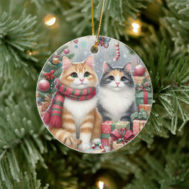 Leuke kerst katten keramisch ornament