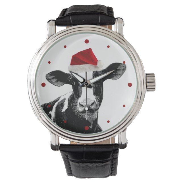 Leuke kerst Koe in Santa Hat Horloge (Voorkant)