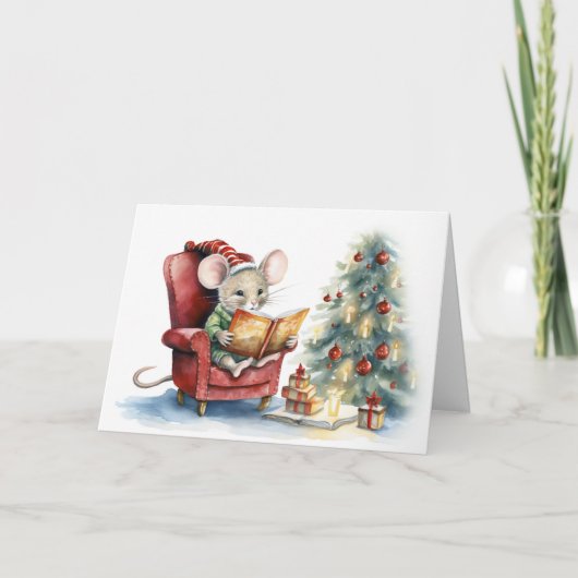 Leuke kerst muis in rode stoel kaart (Voorkant)