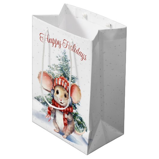 Leuke kerst muis in sneeuwvlokken medium cadeauzakje (Voorkant Gekanteld)