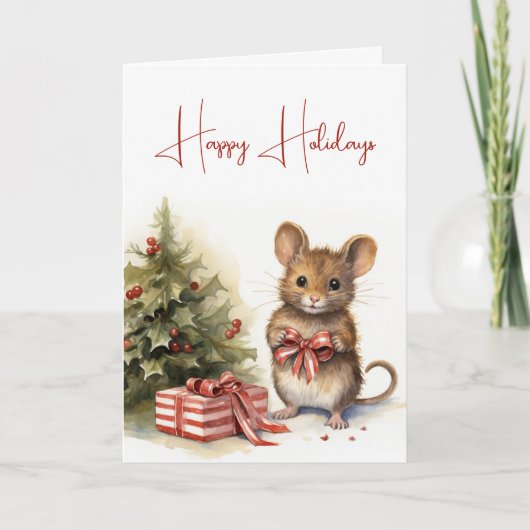 Leuke kerst muis met geschenk boog kaart (Voorkant)
