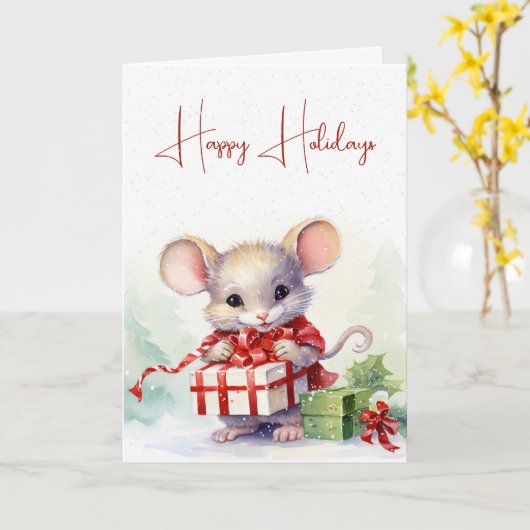 Leuke kerst muis met geschenken kaart (Gele Bloem)