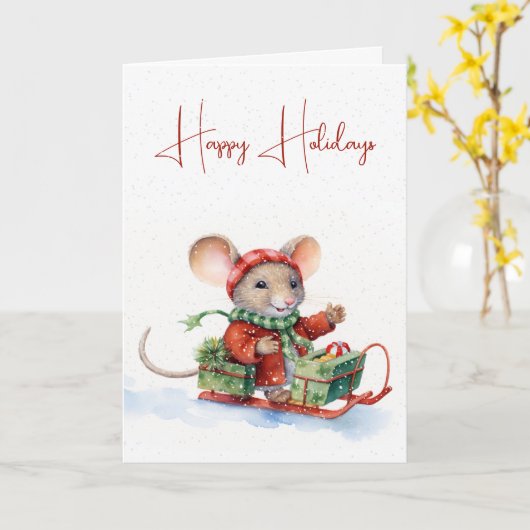 Leuke kerst muis op een slee kaart (Gele Bloem)
