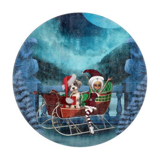 Leuke kerst puppy en elf snijplank (Voorkant)