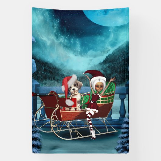 Leuke kerst puppy en elf spandoek (Verticaal)