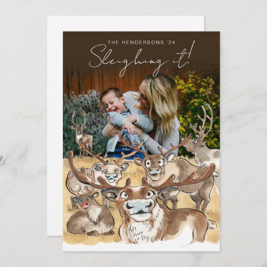 Leuke Kerst-reindeer vakantiefoto kaart - Bruin (Voorkant / Achterkant)