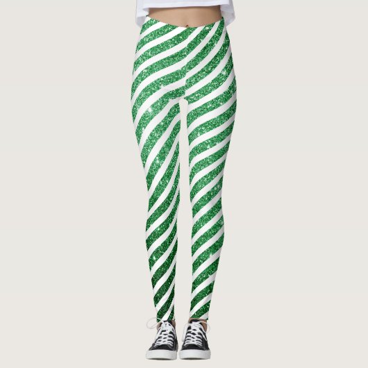 Leuke kerst snoep riet glitter groen gestript leggings (Voorkant)