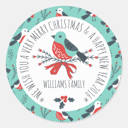 Leuke Kerst Vogel Patroon Tekst Sjabloon Ronde Sticker (Voorkant)