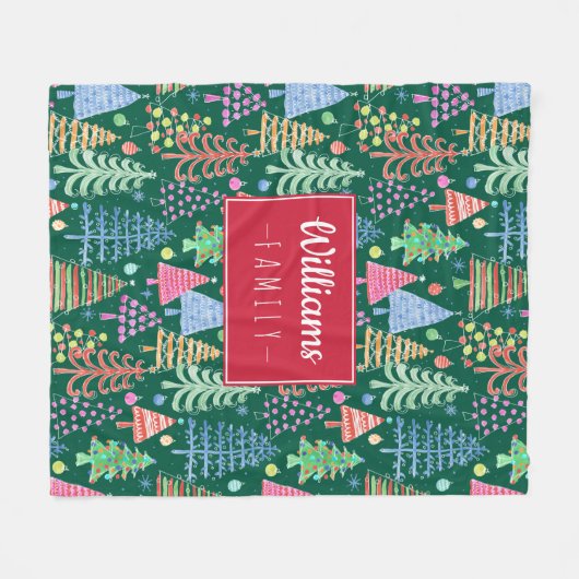 Leuke kerstbomen op groene familienaam fleece deken (Voorkant (Horizontaal))