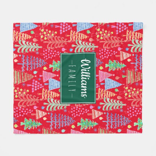 Leuke kerstbomen op rode familienaam fleece deken (Voorkant (Horizontaal))