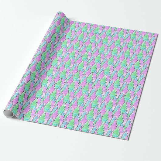 Leuke kerstbomen patroon pastel kleuren cadeaupapier (Uitgerold)