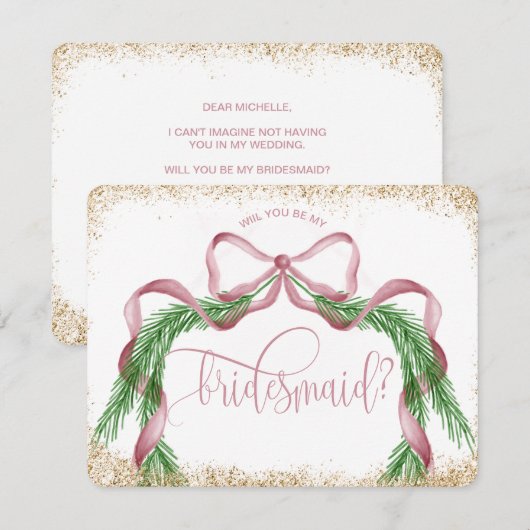 Leuke kerstboog roze waterverf BRIDESMAID Kaart (Voorkant / Achterkant)