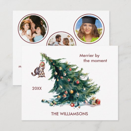 Leuke Kerstboom Dangling Kat 3 Foto Feestdagenkaart (Voorkant / Achterkant)