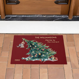 Leuke Kerstboom Dangling Kat Foto Deurmat