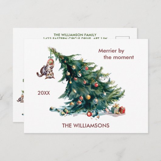 Leuke Kerstboom Dangling Kat Foto Feestdagenkaart (Voorkant / Achterkant)