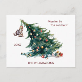 Leuke Kerstboom Dangling Kat Foto Feestdagenkaart