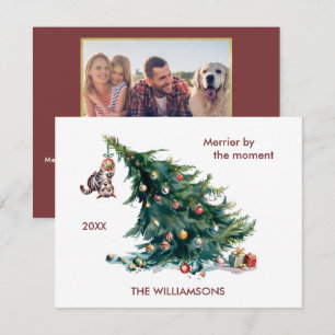 Leuke Kerstboom Dangling Kat Foto Feestdagenkaart