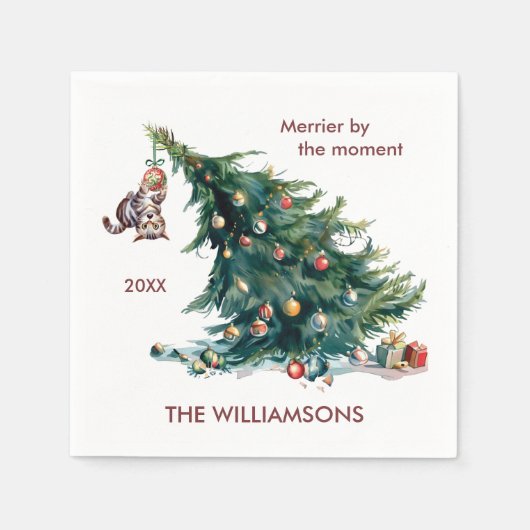 Leuke Kerstboom Dangling Kat Foto Servet (Voorkant)