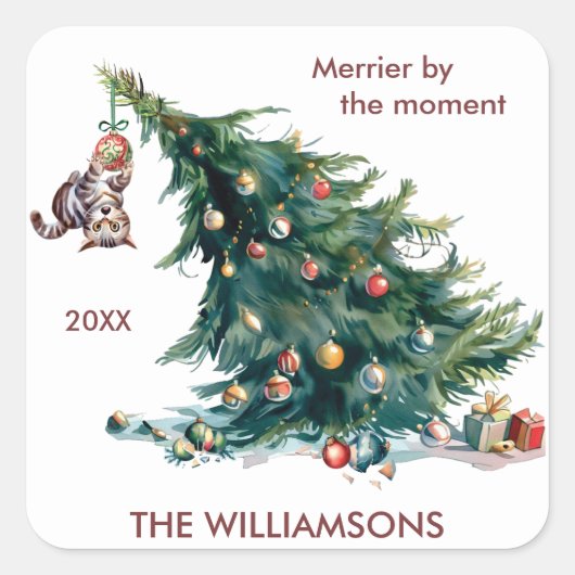 Leuke Kerstboom Dangling Kat Foto Vierkante Sticker (Voorkant)