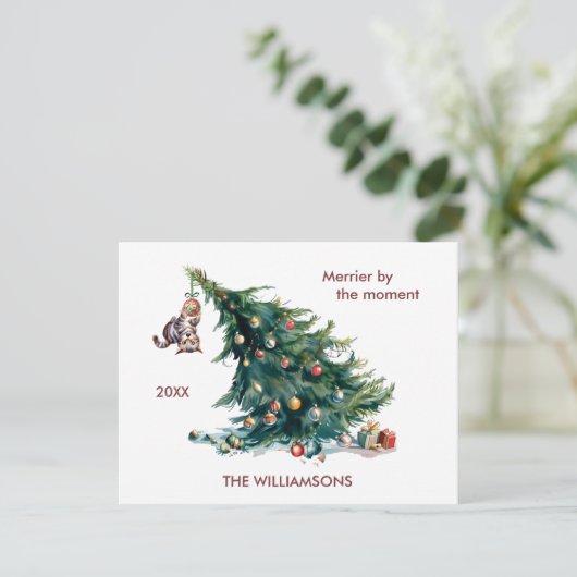 Leuke Kerstboom Dangling Kat Personaliseren Feestdagenkaart (Staand voorkant)
