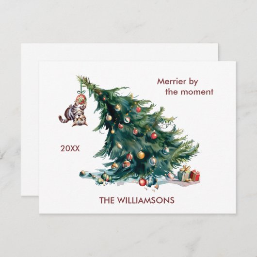 Leuke Kerstboom Dangling Kat Personaliseren Feestdagenkaart (Voorkant / Achterkant)