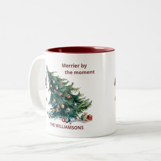 Leuke Kerstboom Dangling Kat Personaliseren Tweekleurige Koffiemok (Voorkant links)